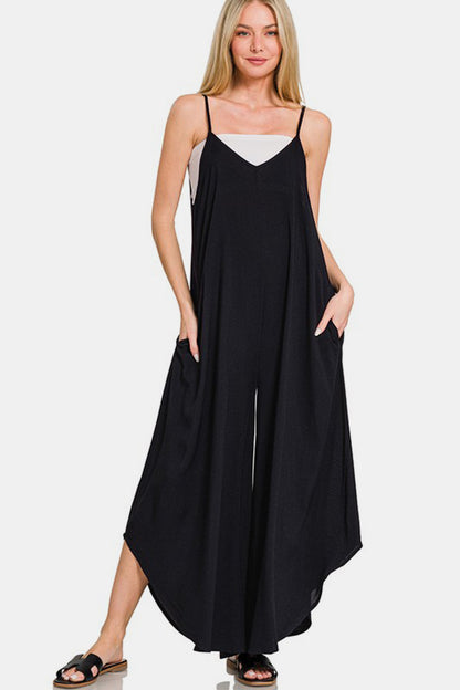 Zenana My Vibe Spaghetti Strap Wide Leg Overalls with Pockets in Black