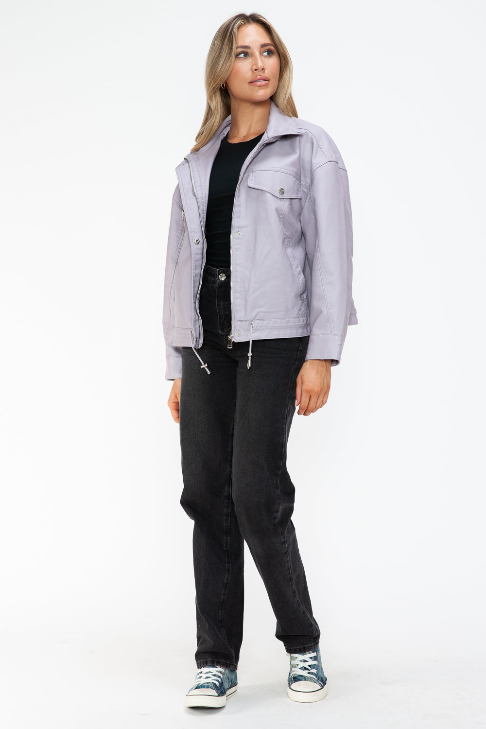 How Dare U My Favorite Layer Drawstring Hem PU Leather Zip Up Jacket in Lilac