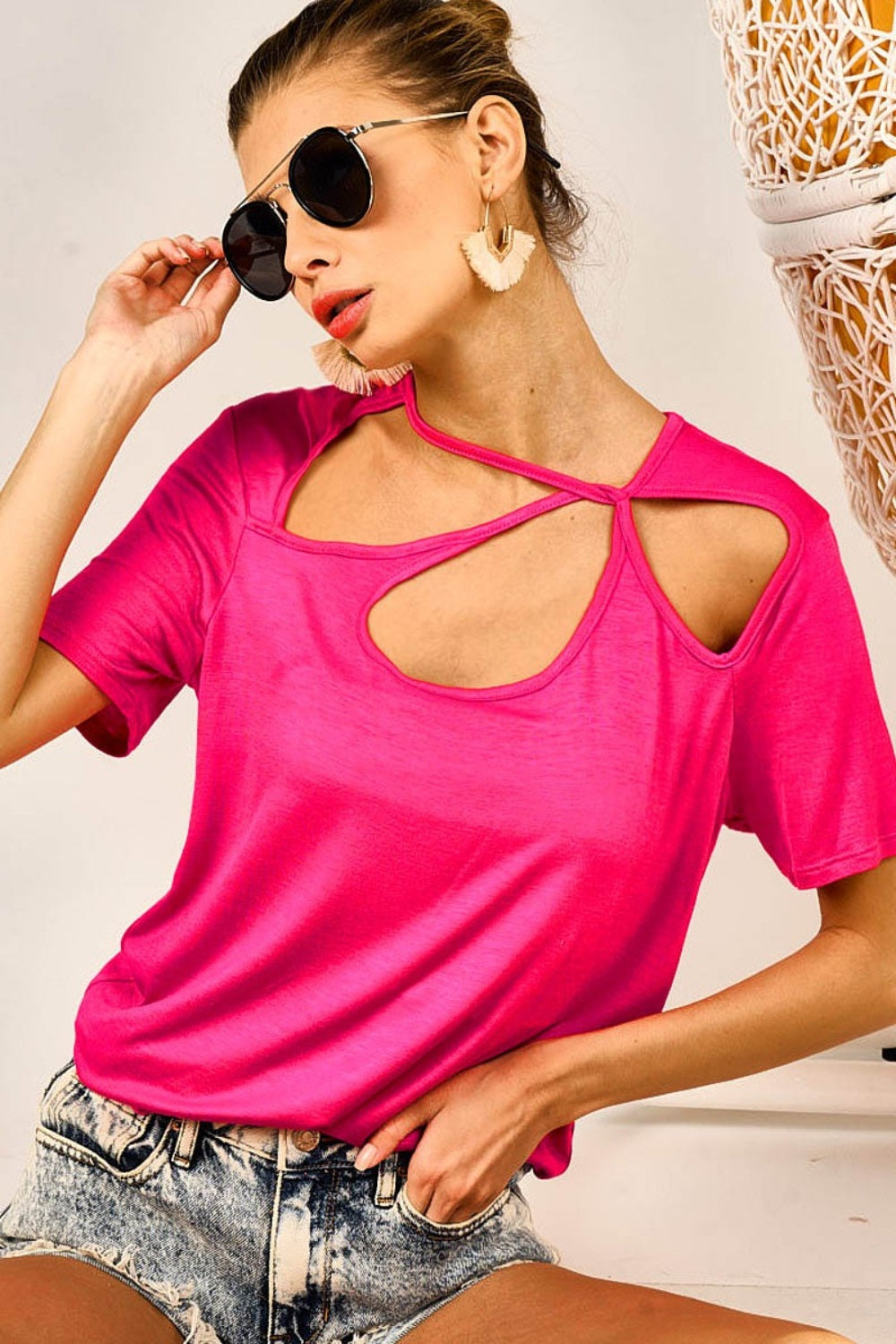 BiBi Shine Bright Cutout Asymmetrical Neck Short Sleeve T-Shirt