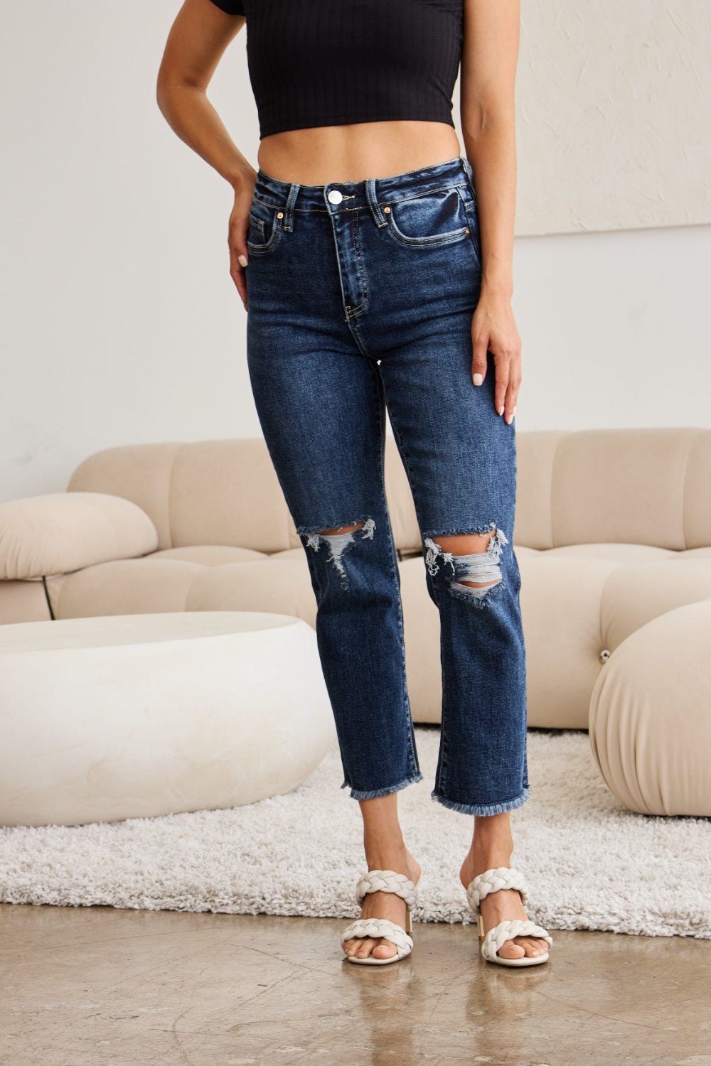 RFM Dylan Tummy Control Distressed High Waist Raw Hem Crop Jeans