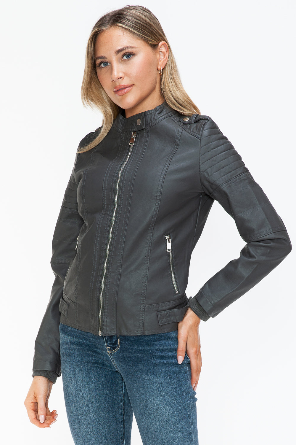 Snobbish Born To Ride PU Leather Biker Jacket with Side Zip Pockets in Charcoal