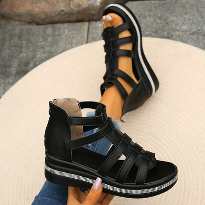 Bright Mind Cutout Rhinestone Trim Wedge Sandals