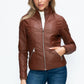 YMI Fuzzy Feels Faux Layered Double-Zipper Jacket with Fuzzy Hood in Brandy