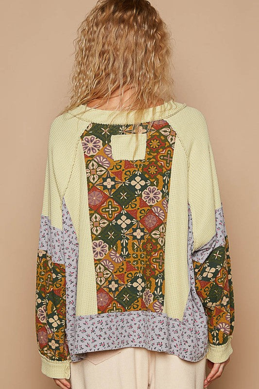 POL A Touch of Sunshine Exposed Seam Printed Notched Neck Raglan Sleeve Knit Top