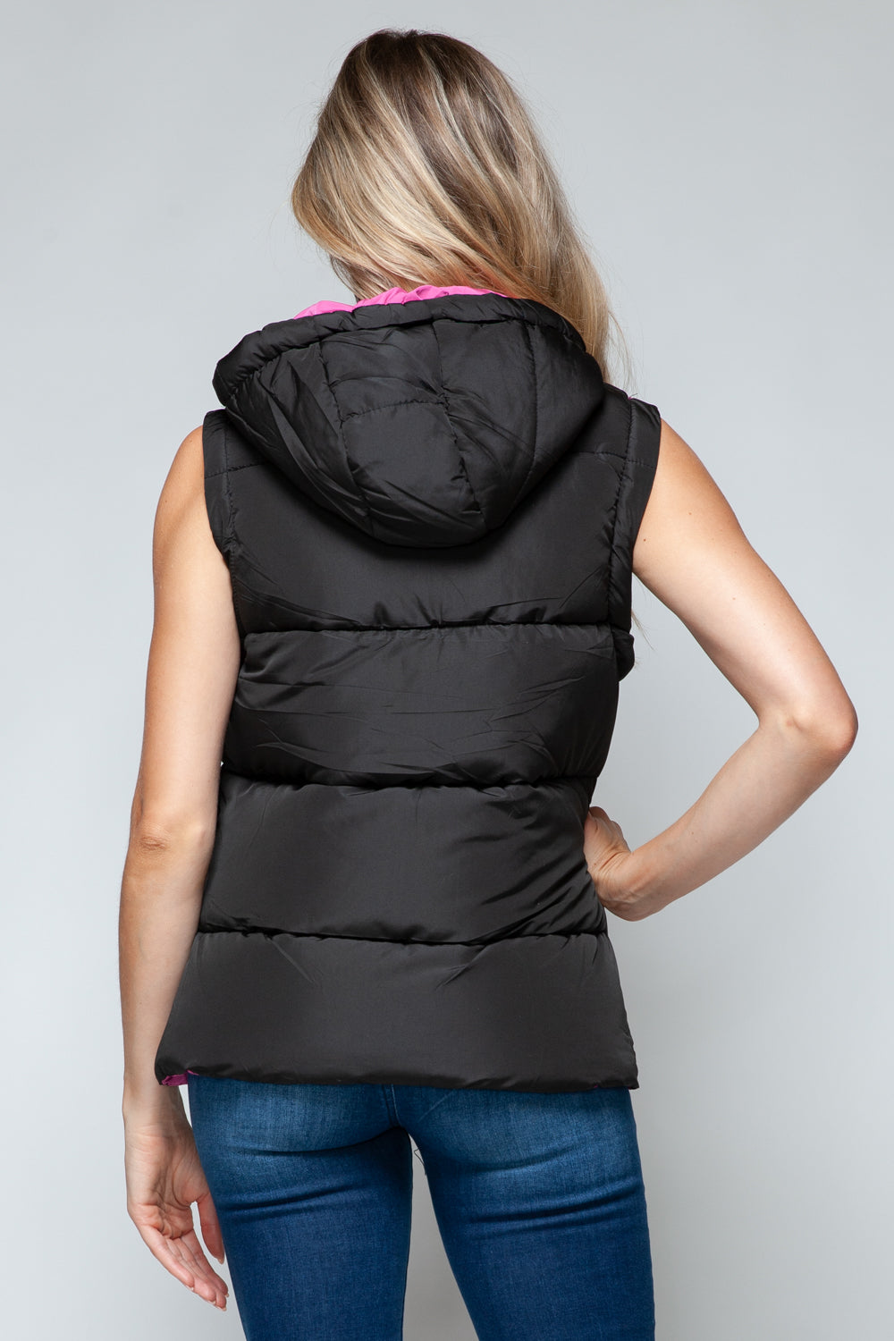 Snobbish Cute and Cozy Snap and Zip Closure Hooded Vest in Black/ Rose Violet