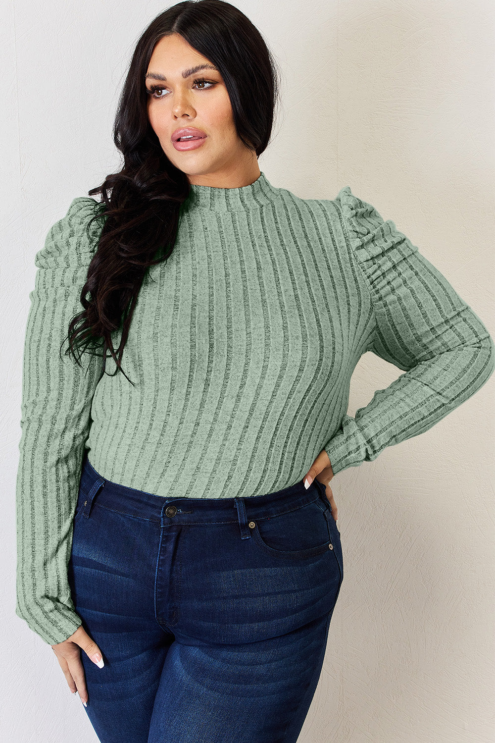 Basic Bae I'm Feeling Extra Ribbed Mock Neck Puff Sleeve T-Shirt