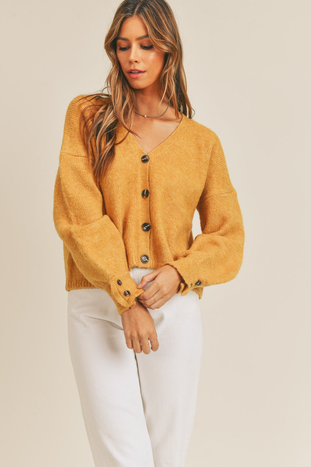 MABLE Buttoned Up Long Sleeve Button Down Sweater Cardigan in Mustard