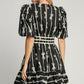 Umgee When Life Gives You Ribbons Print Frill Contrast Velvet Trim Half Sleeve Dress in Black