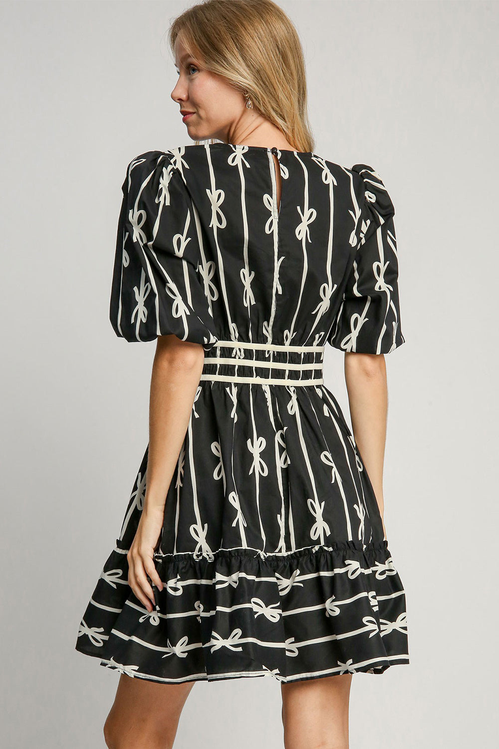 Umgee When Life Gives You Ribbons Print Frill Contrast Velvet Trim Half Sleeve Dress in Black