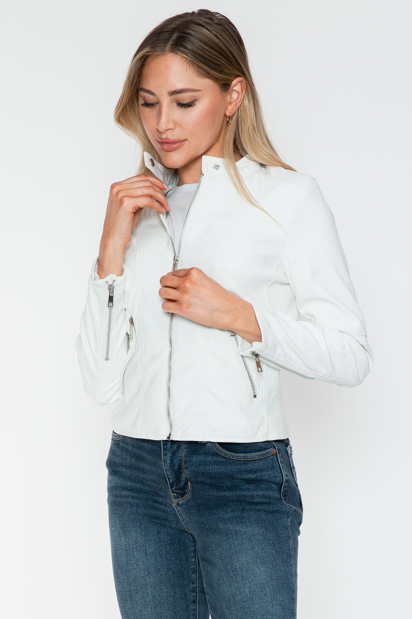 Snobbish Biker Babe PU Leather Zip Up Jacket with Pockets in White