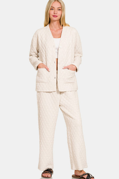 Zenana Quilted Comfort Button Up Long Sleeve Top and Pants Lounge Set in Beige