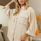 BiBi Stitched With Love Button Down Stitch Detail Shirt with Chest Pockets in Oatmeal