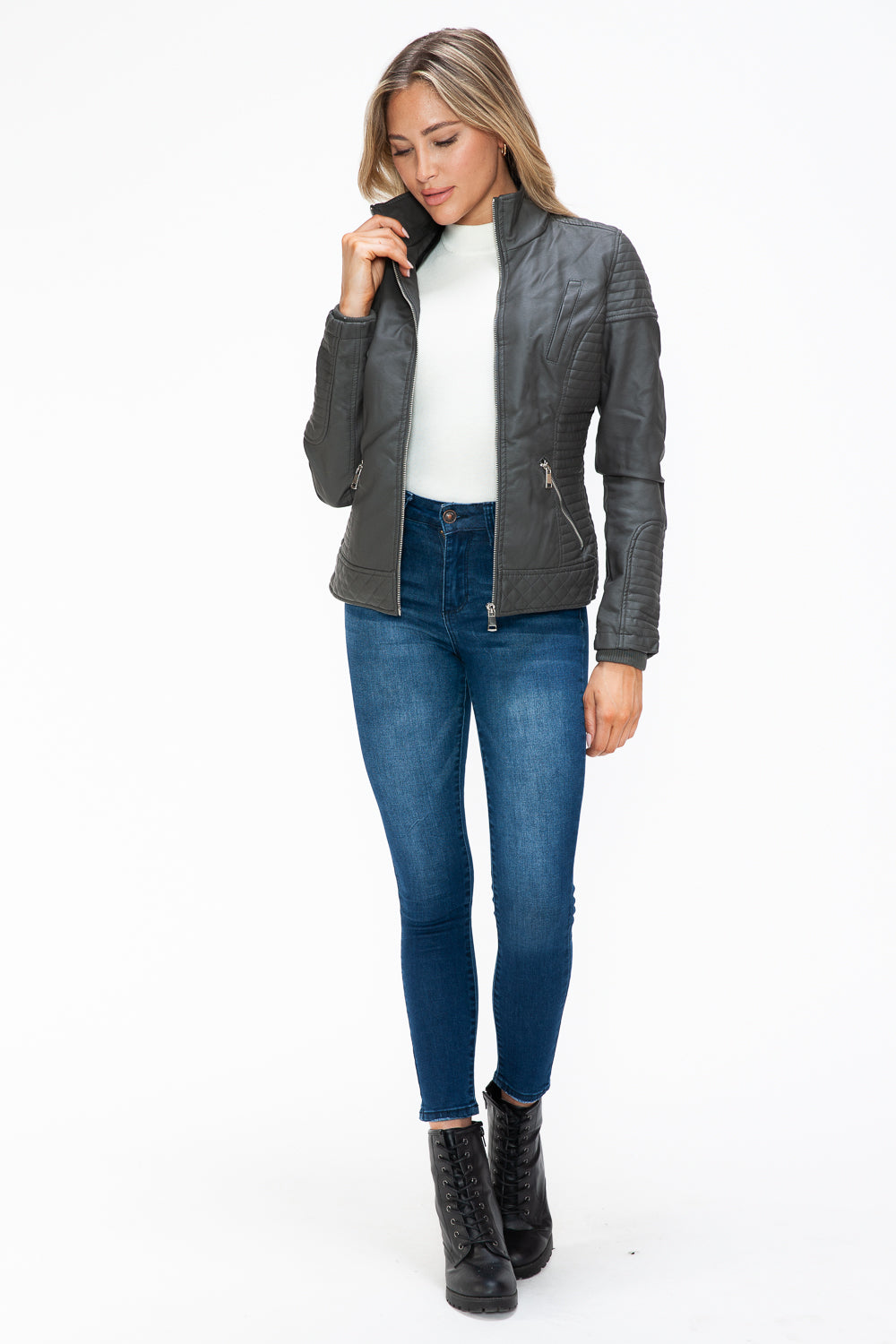 YMI Fuzzy Feels Faux Layered Double-Zipper Jacket with Fuzzy Hood in Charcoal