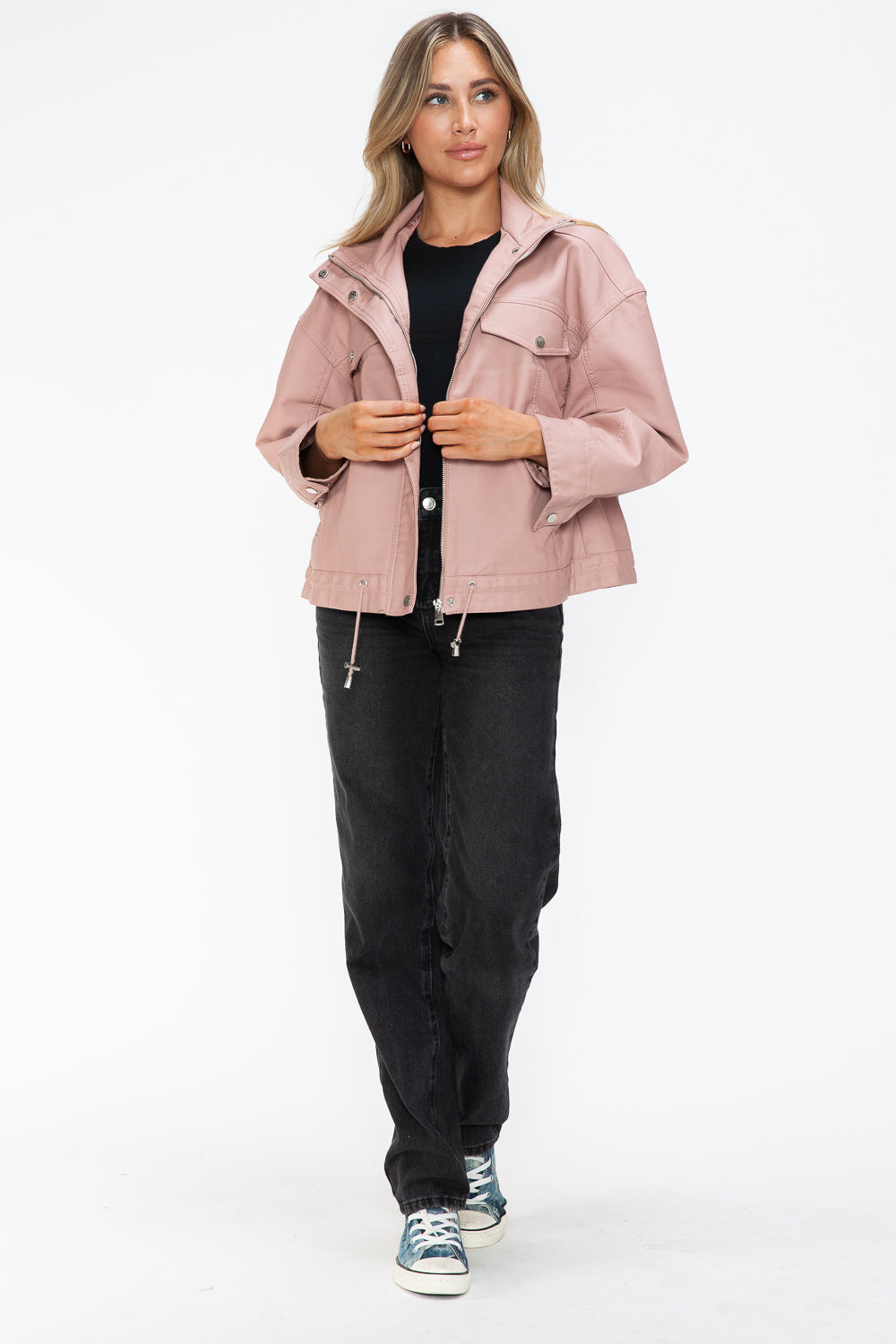 How Dare U My Favorite Layer Drawstring Hem PU Leather Zip Up Jacket in Mauve