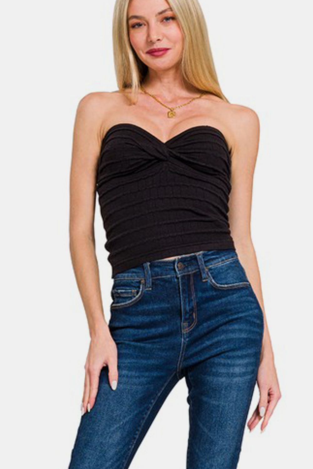 Zenana Stole My Heart Ruched Twisted Sweetheart Neck Top in Black