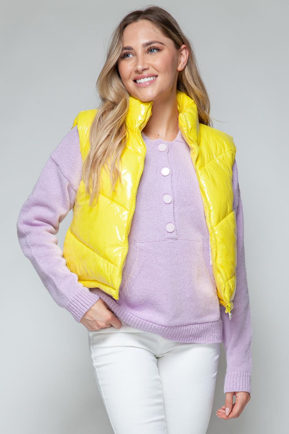 Snobbish A Quilted Touch Zip Up Turtleneck Shiny Quilted Vest in Yellow