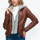 YMI Fuzzy Feels Faux Layered Double-Zipper Jacket with Fuzzy Hood in Brandy