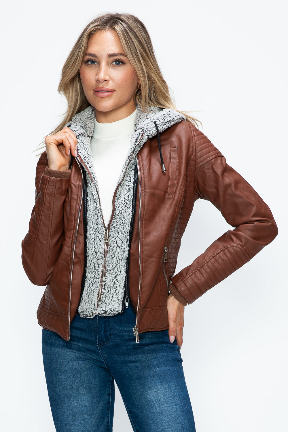 YMI Fuzzy Feels Faux Layered Double-Zipper Jacket with Fuzzy Hood in Brandy