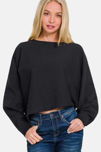 Zenana Oh So Cozy Asymmetric Hem Long Sleeve Sweater in Black