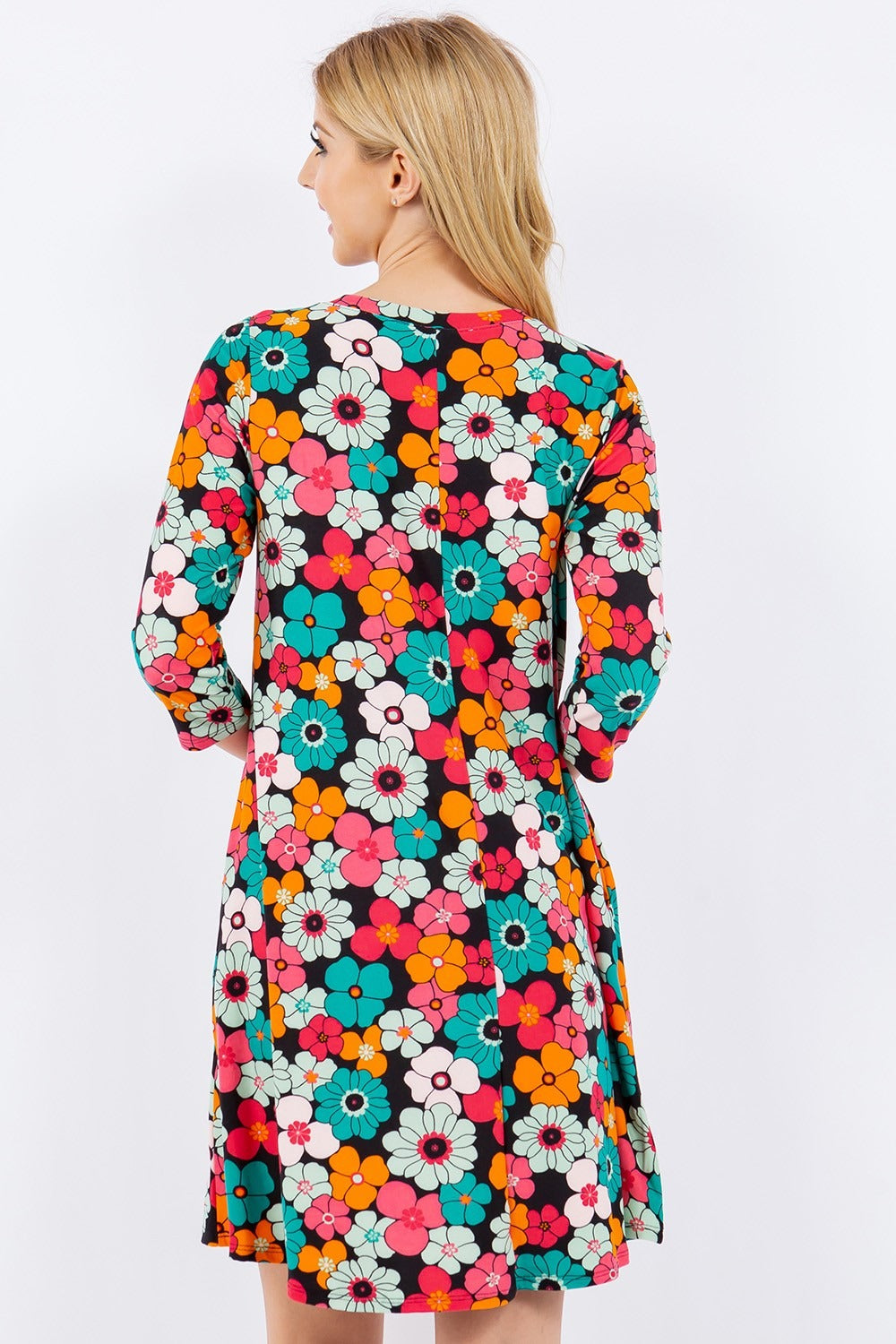 Celeste Summer Glowing Floral Three-Quarter Sleeve Dress with Pockets