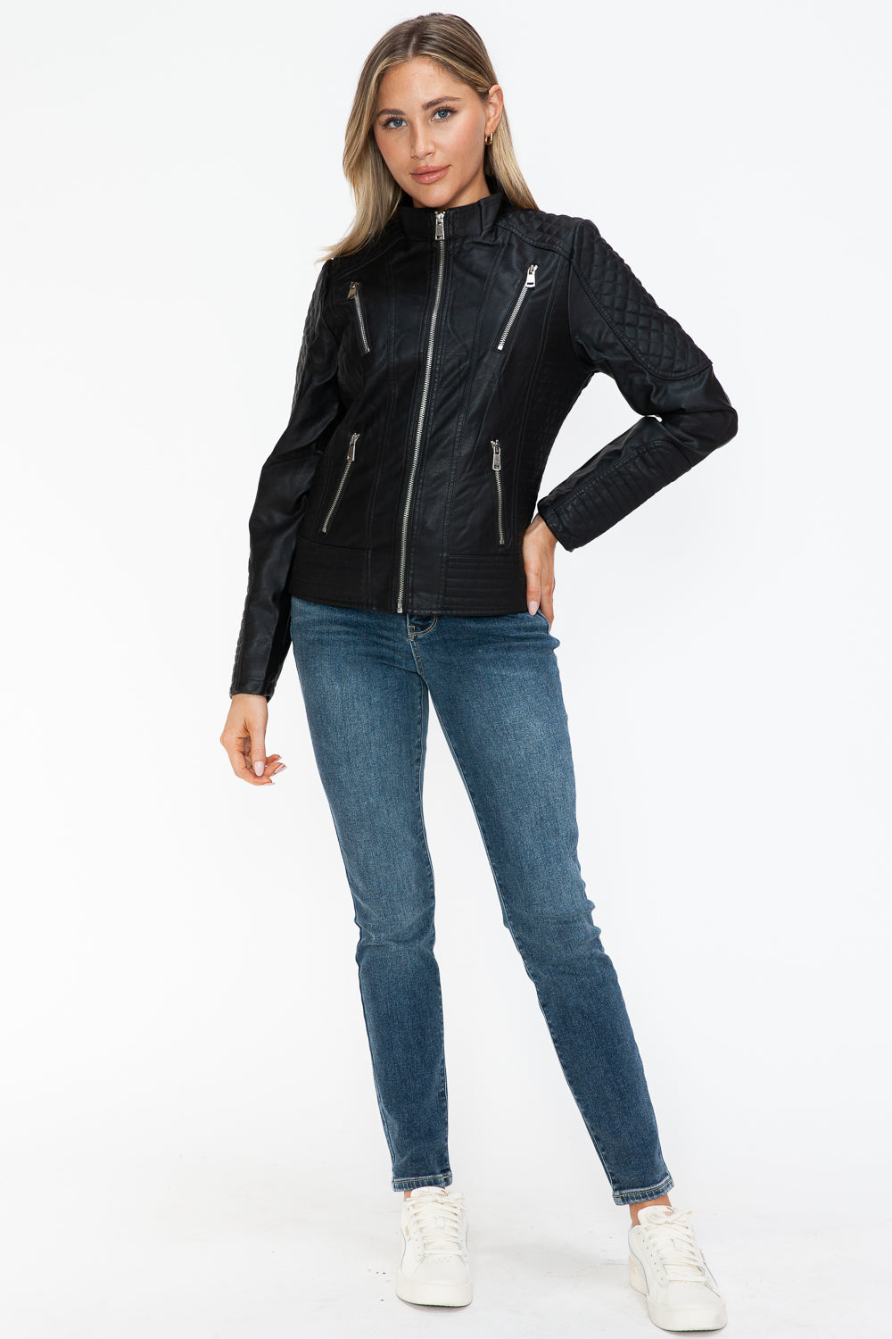 Snobbish Ready To Own The Night Faux Leather Zip Up Mock Neck Jacket in Black