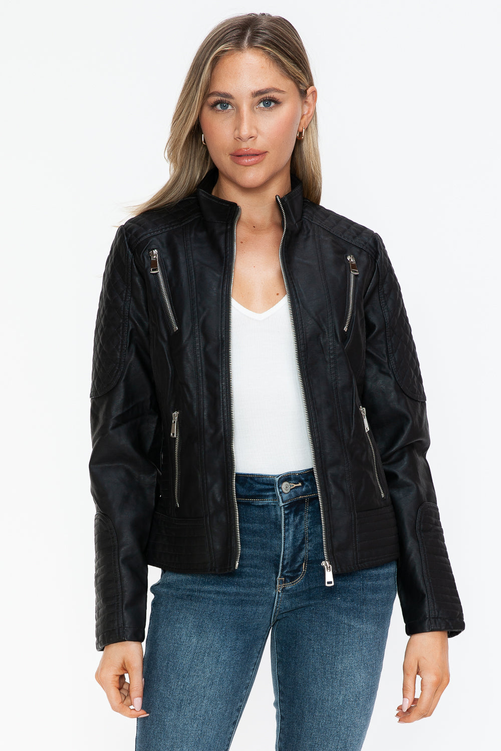 Snobbish Ready To Own The Night Faux Leather Zip Up Mock Neck Jacket in Black