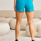 RFM Gina Tummy Control High Waist Raw Hem Denim Shorts in Crystal Teal