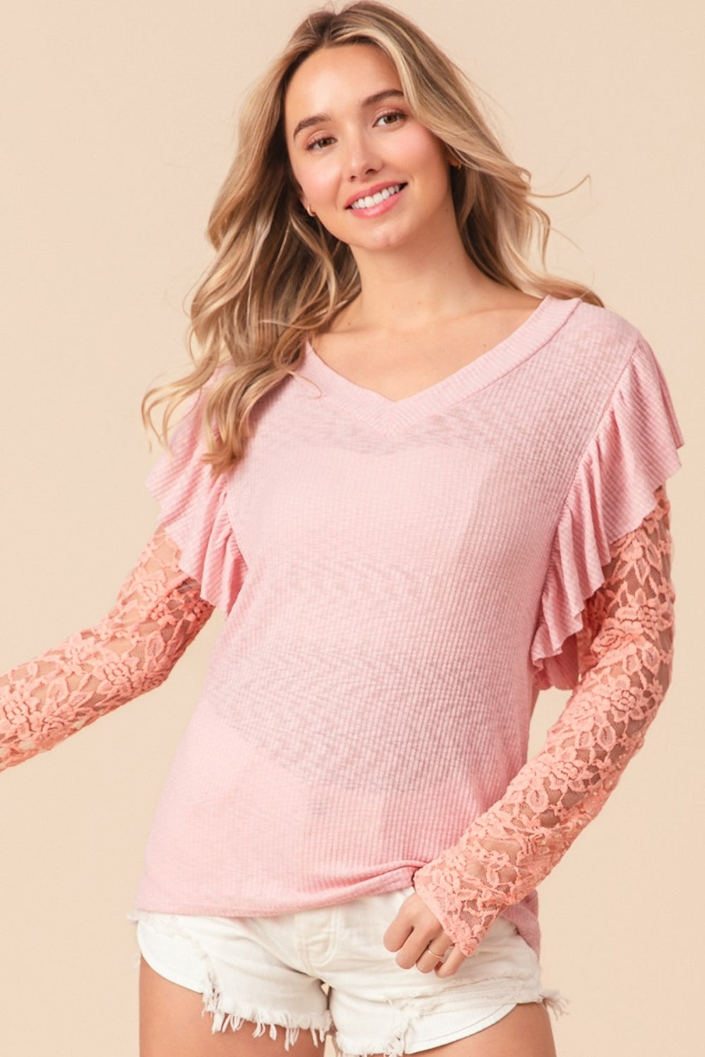 BiBi Dainty & Sweet Ruffled Lace Sleeve Rib Knit Top