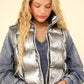 VERY J Metallic Star Shiny Metallic Zip Up Puffer Vest in Silver