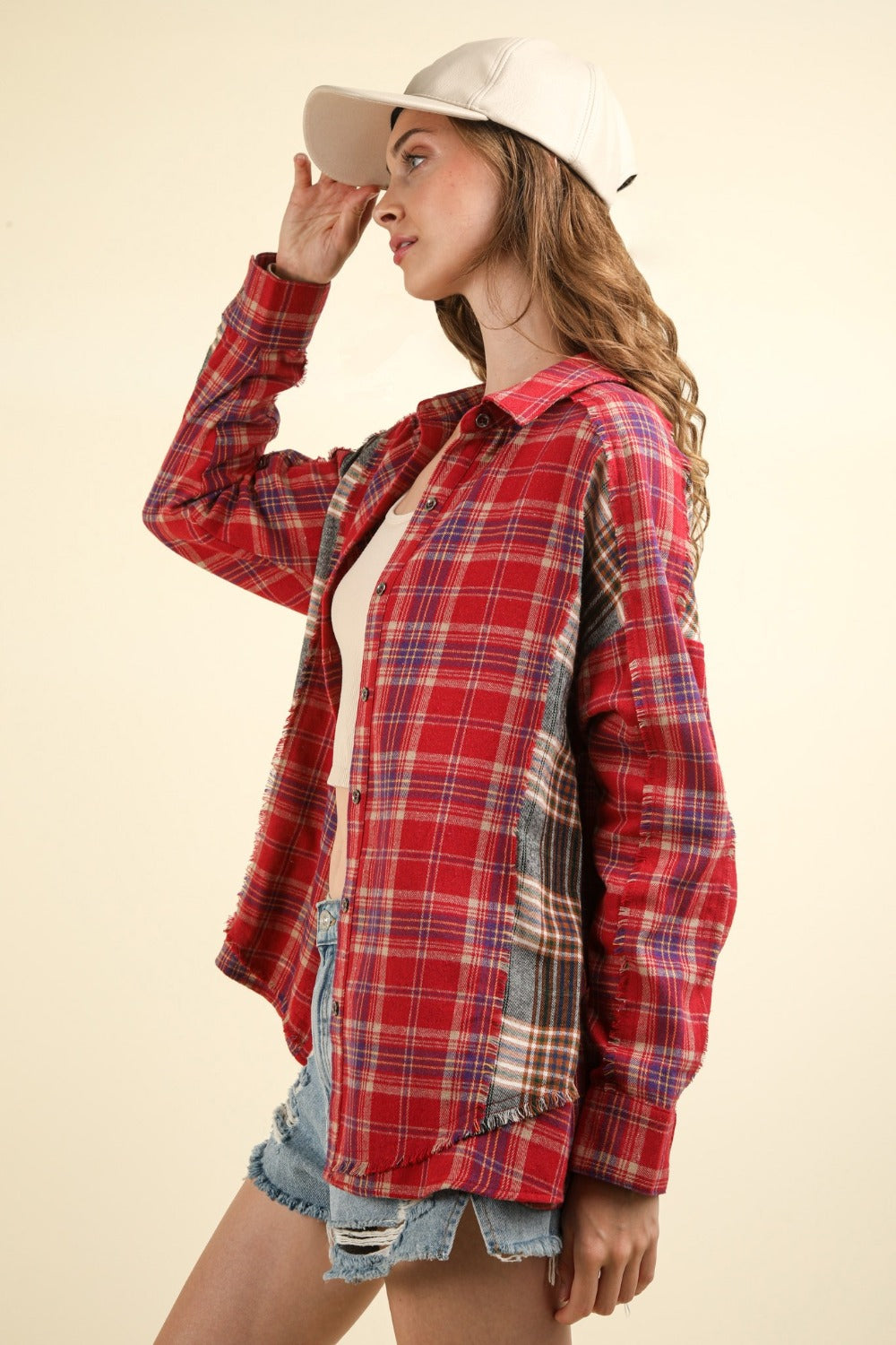 VERY J Falling For Plaid Contrast Plaid Raw Detail Shirt in Red