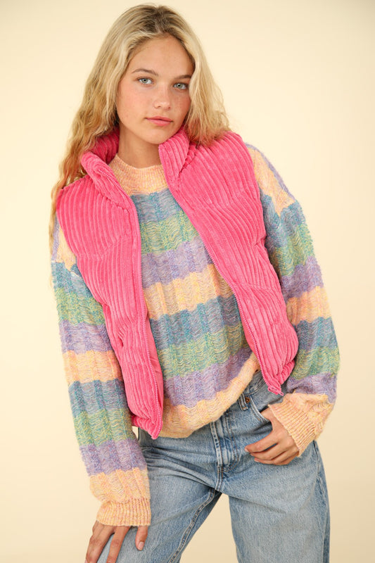 VERY J Fall Adventures Zip Up Padded Corduroy Puffer Vest in Pink