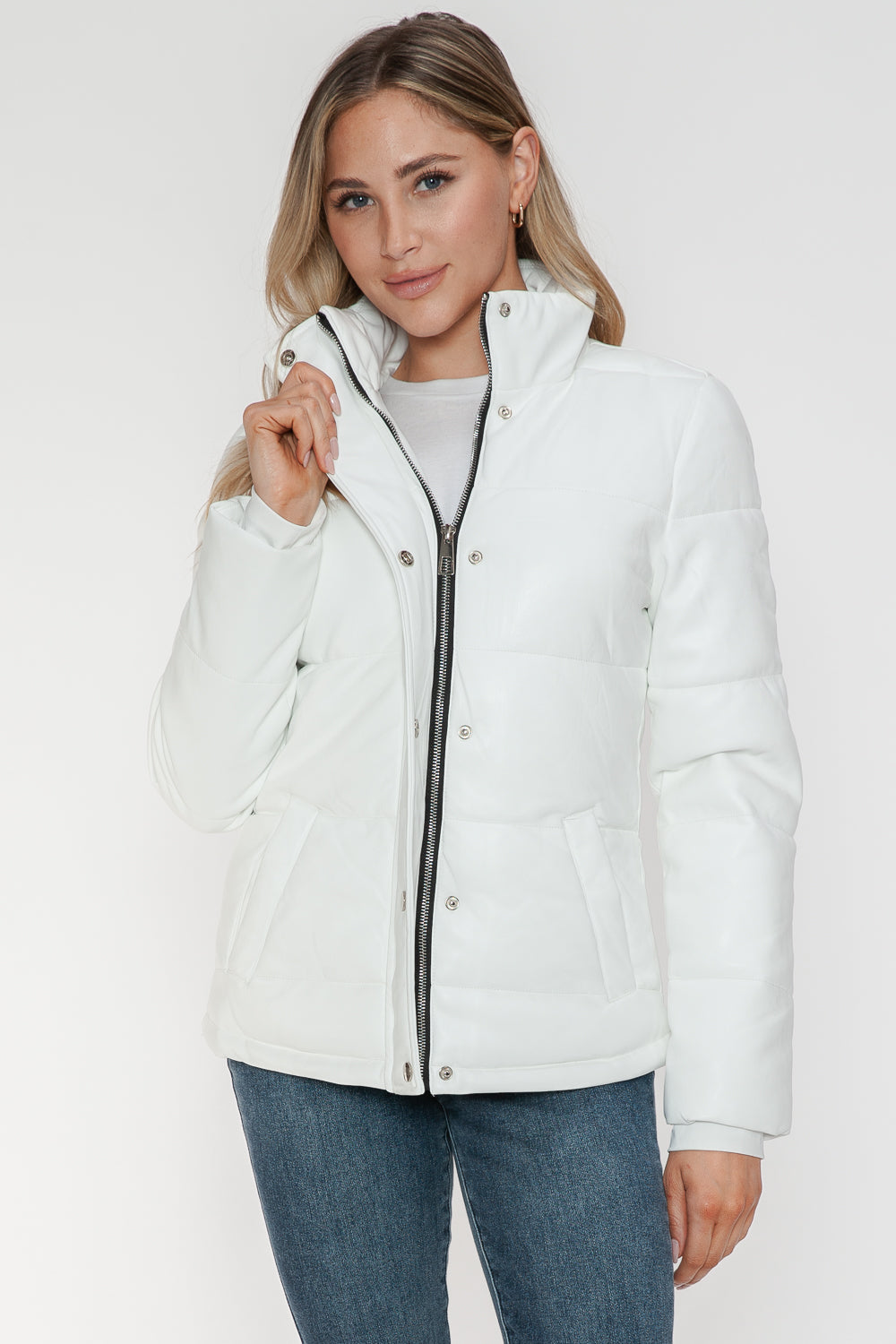 YMI Cozy Perfection Pocketed Zip Up Turtleneck Puffer Jacket in White