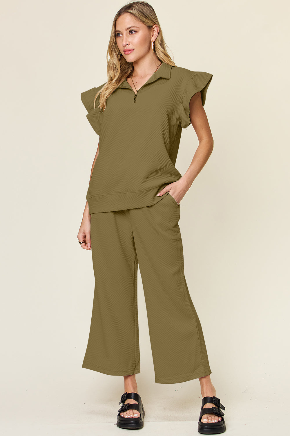 Double Take Butterfly Kisses Texture Ruffle Short Sleeve Top and Drawstring Wide Leg Pants Set