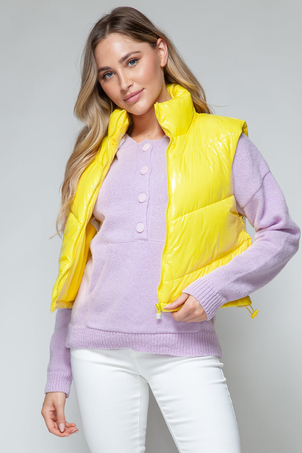 Snobbish A Quilted Touch Zip Up Turtleneck Shiny Quilted Vest in Yellow