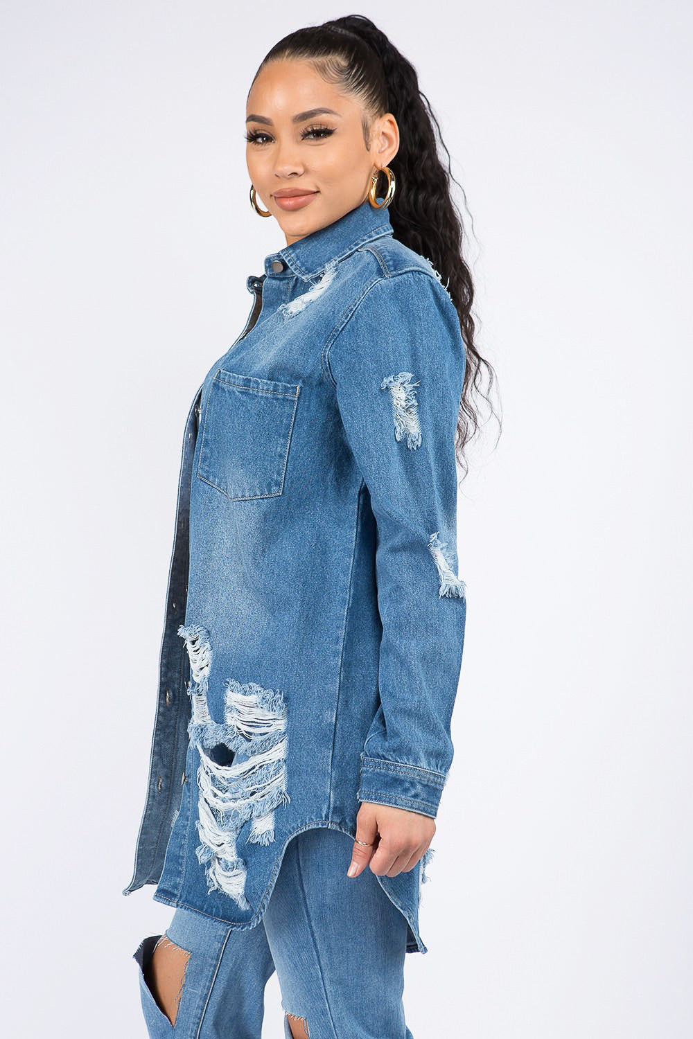 American Bazi Center Stage Distressed Button Down Denim Shirt Jacket