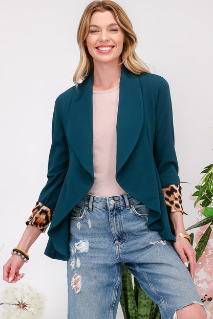 Celeste Conquer Yourself Rolled Leopard Cuff Open Front Blazer in Hunter Green