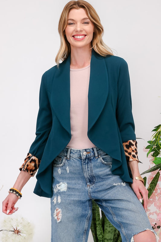 Celeste Conquer Yourself Rolled Leopard Cuff Open Front Blazer in Hunter Green