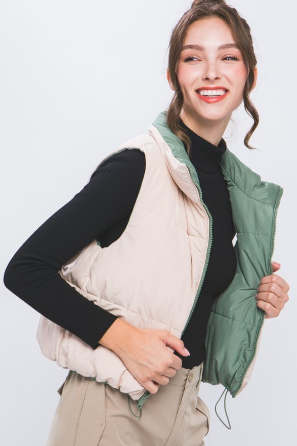 Love Tree Two Faced Zip Up Cropped Contrast Reversible Vest in Olive