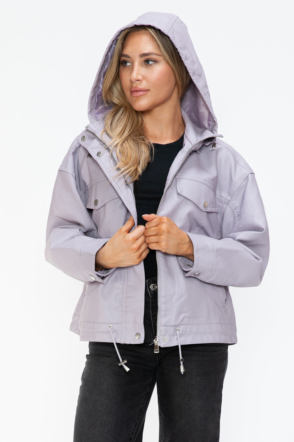 How Dare U My Favorite Layer Drawstring Hem PU Leather Zip Up Jacket in Lilac