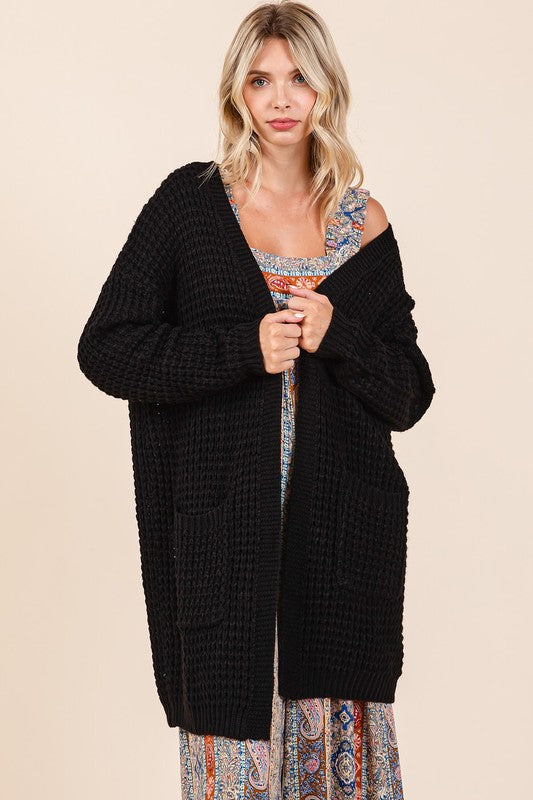 Mittoshop Cozy Hug Open Front Long Sleeve Longline Cardigan in Black