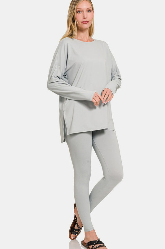 Zenana Lazy Days Brushed Microfiber Top and Leggings Lounge Set in Light Grey