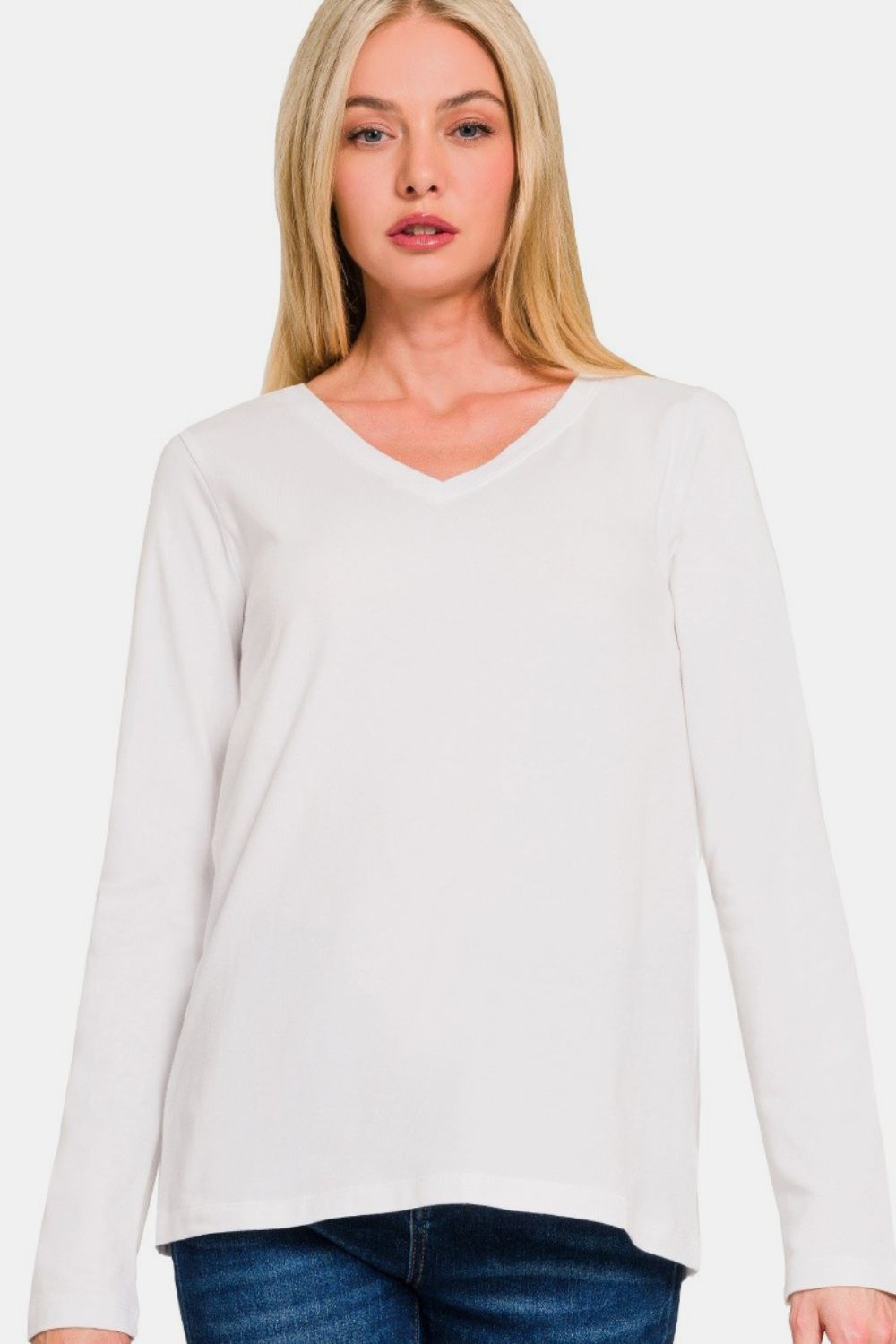 Zenana Make Your Mark V-Neck Long Sleeve T-Shirt in White