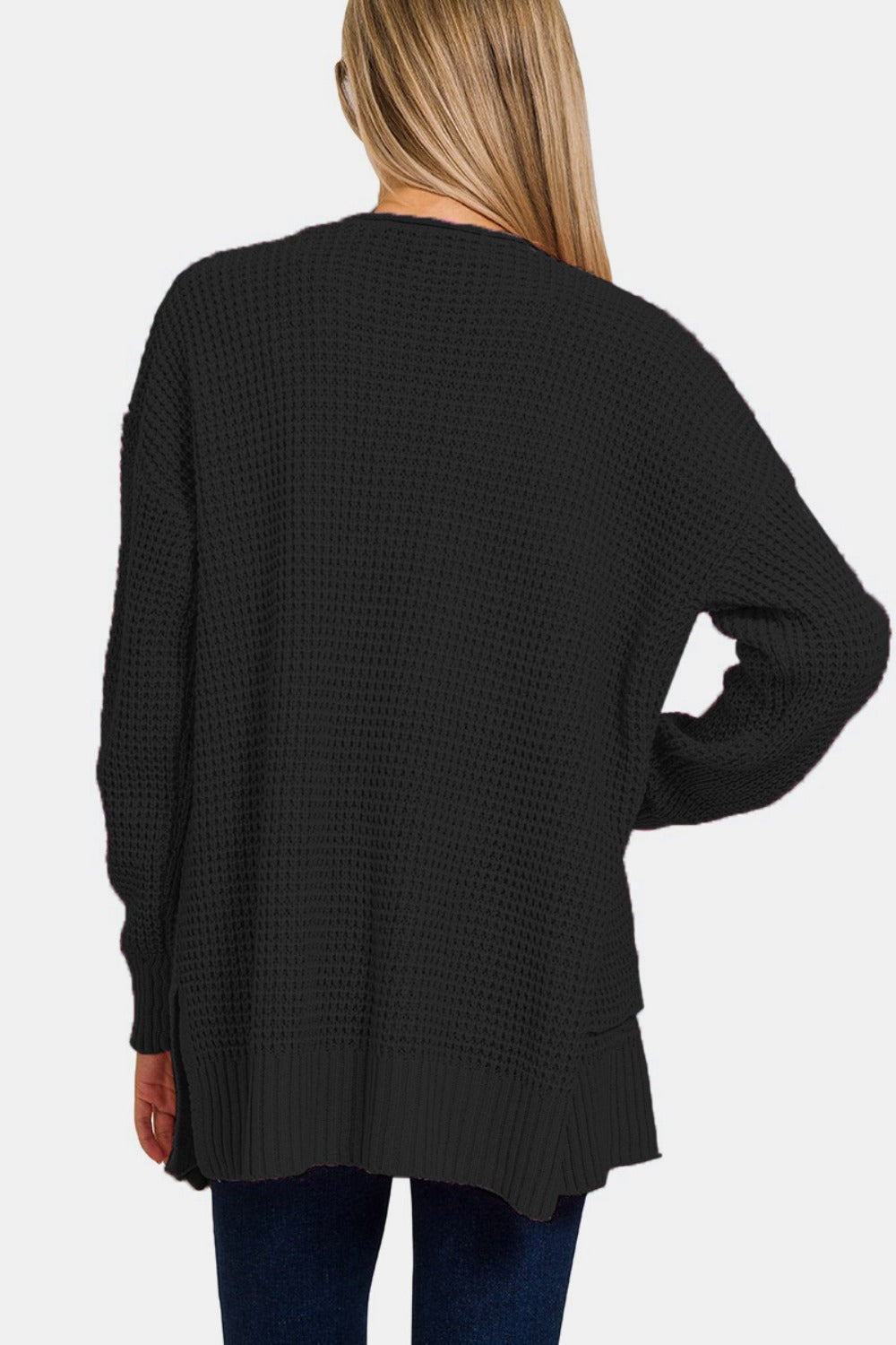 Zenana Chilly Days Waffle Open Front Sweater Cardigan in Black