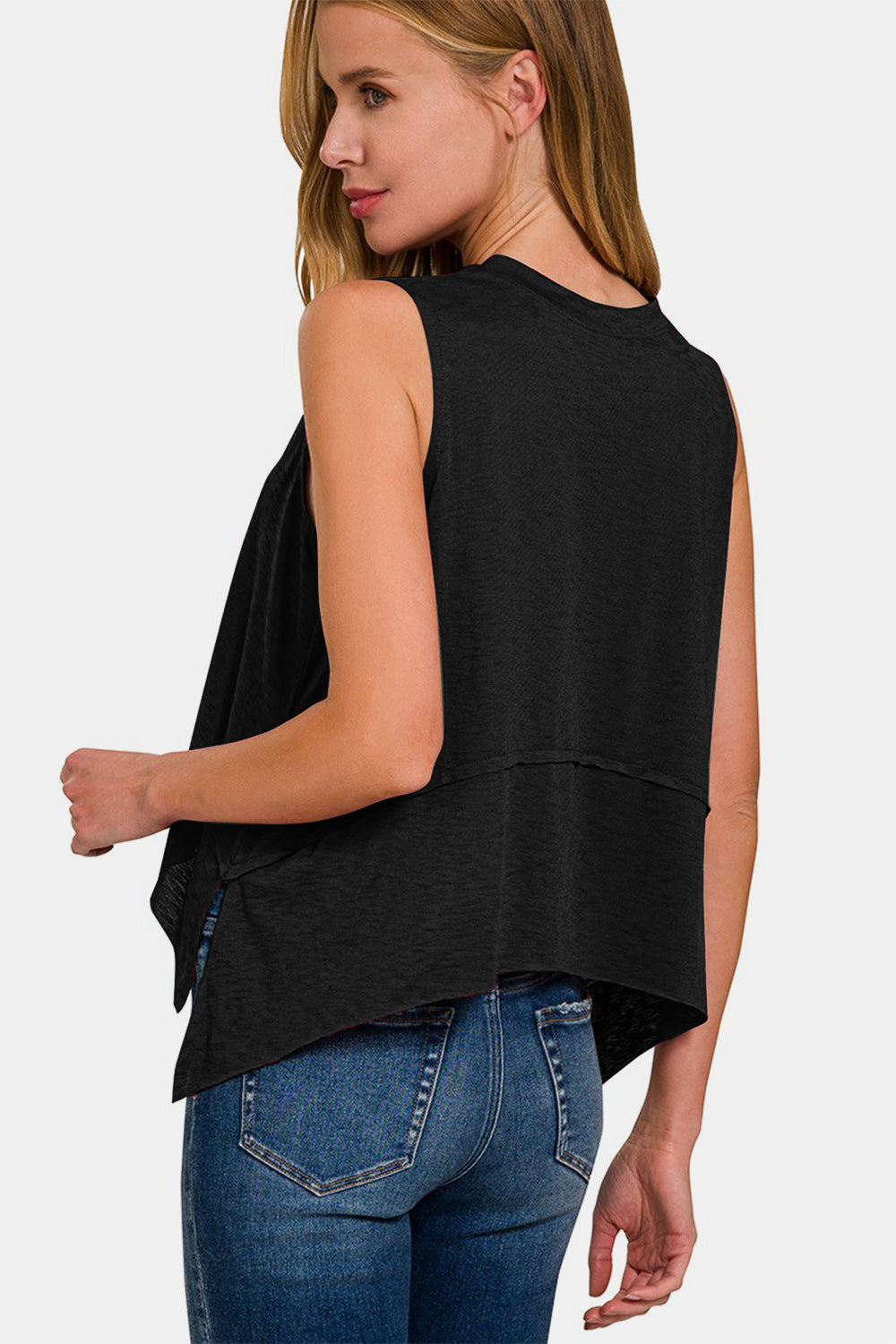 Zenana Another Day Exposed Seam Slit Tank in Black