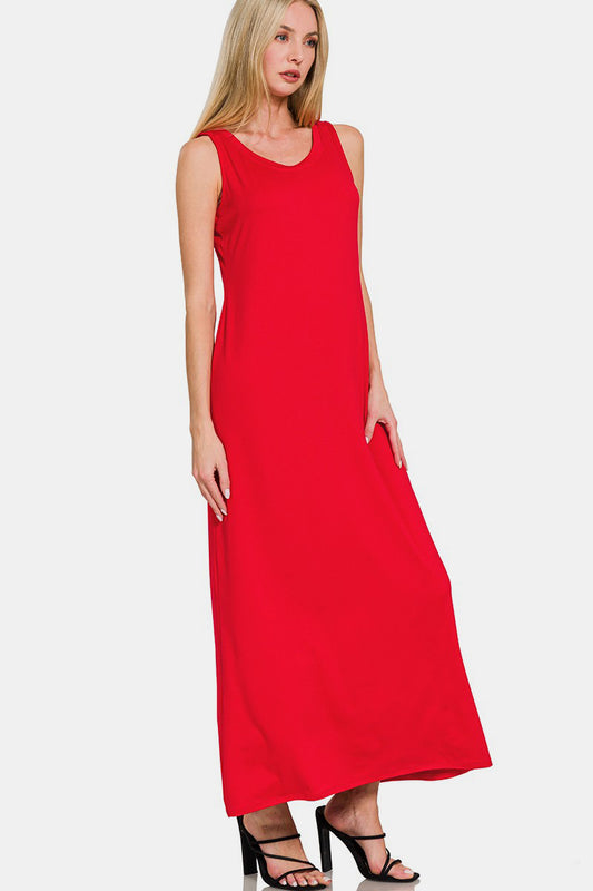 Zenana Simply Slaying Scoop Neck Wide Strap Tank Dress in Red