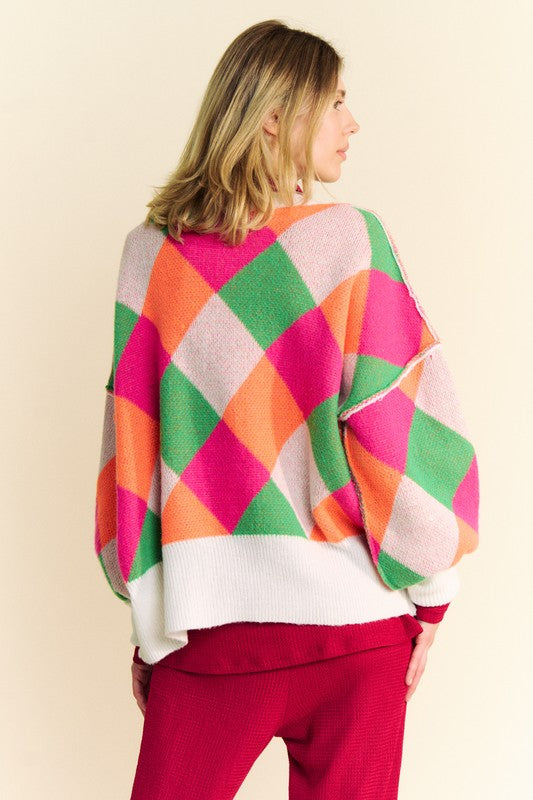 Davi & Dani Enchant Exposed Seam Color Block Dropped Shoulder Sweater