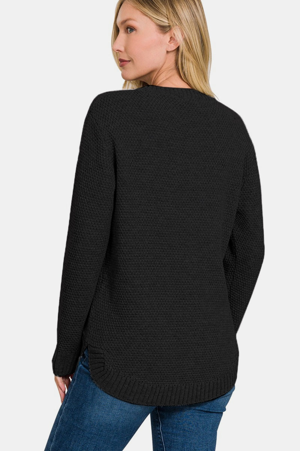 Zenana It's In The Curve Long Sleeve Curved Hem Sweater in Black