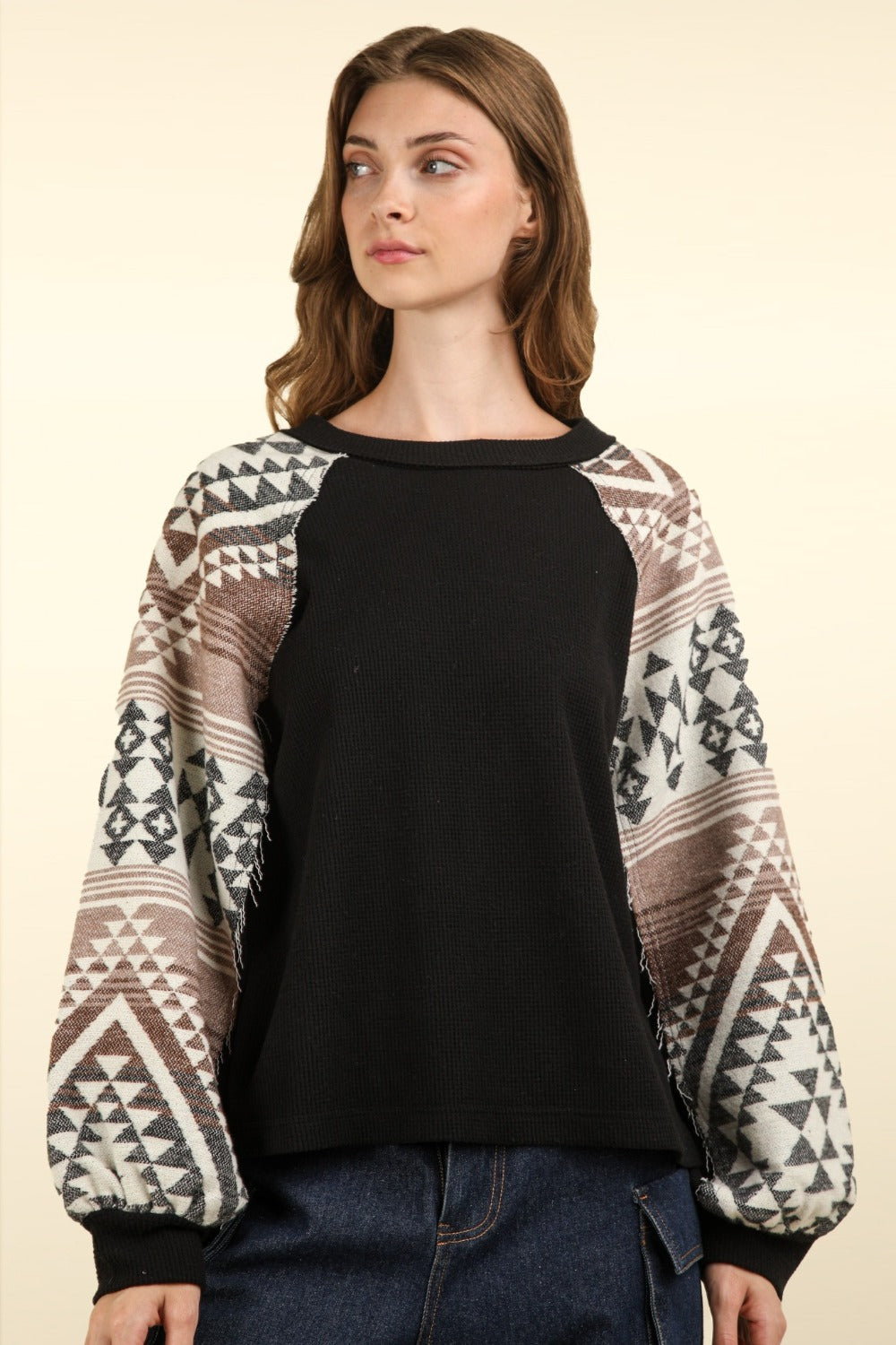 VERY J Steal The Show Printed Long Sleeve Knit Top in Black