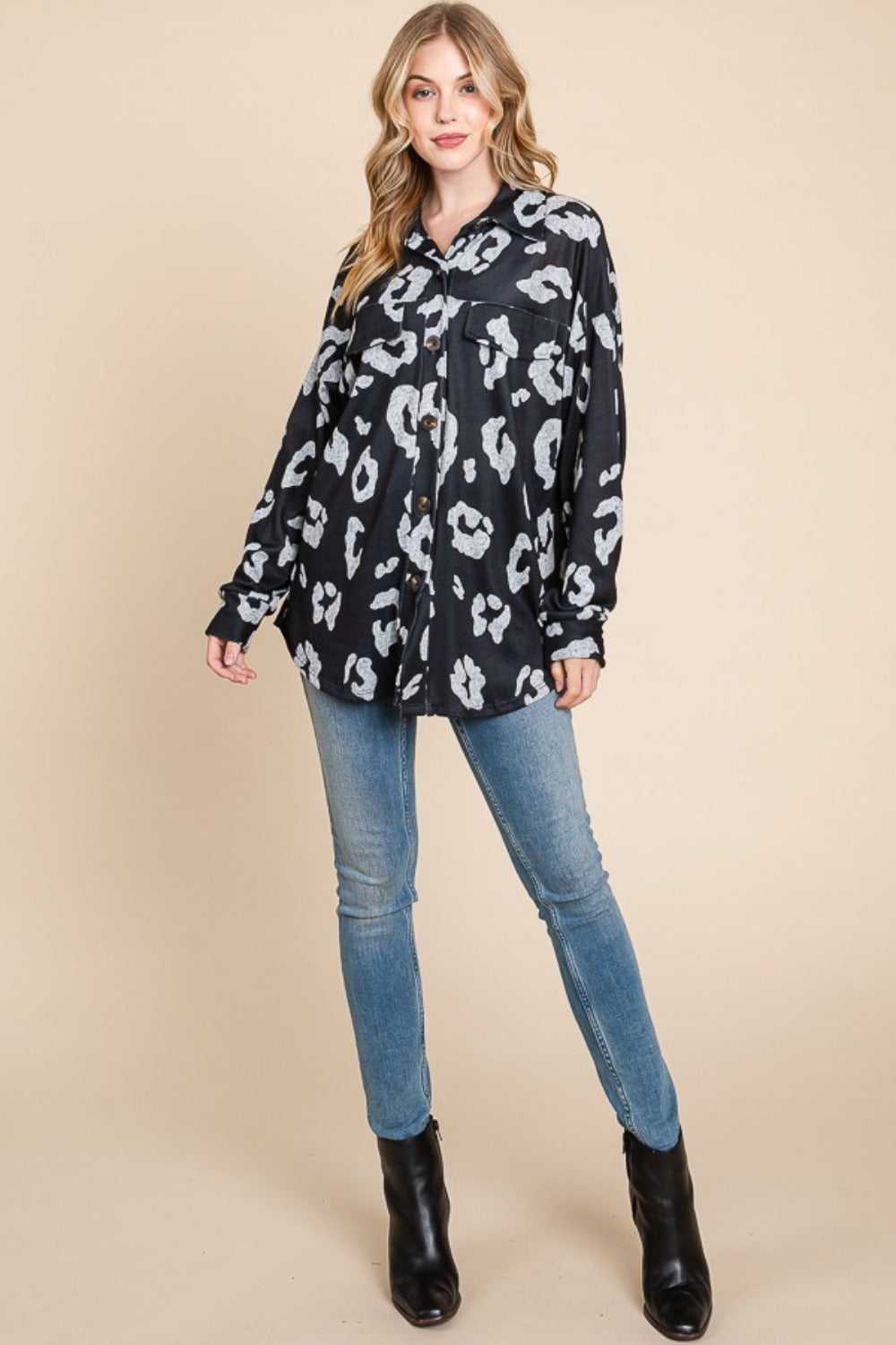 BOMBOM My Wild Spirit Animal Print Button Up Knit Shacket in Black