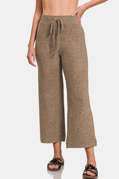 Zenana Drawstring and Chill Hacci Cropped Pants in Mocha